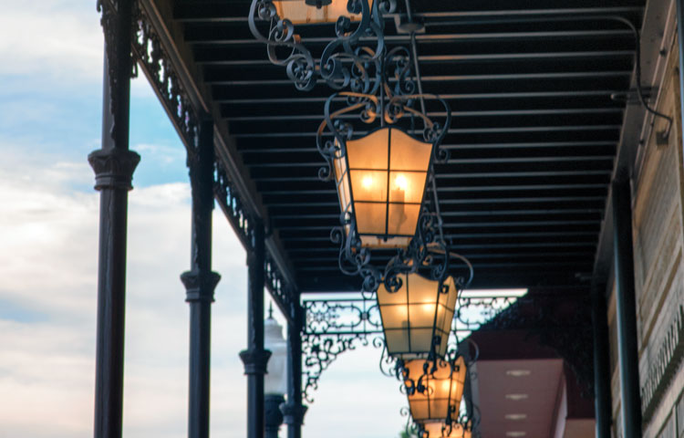 wrought iron lanterns in downtown overhang